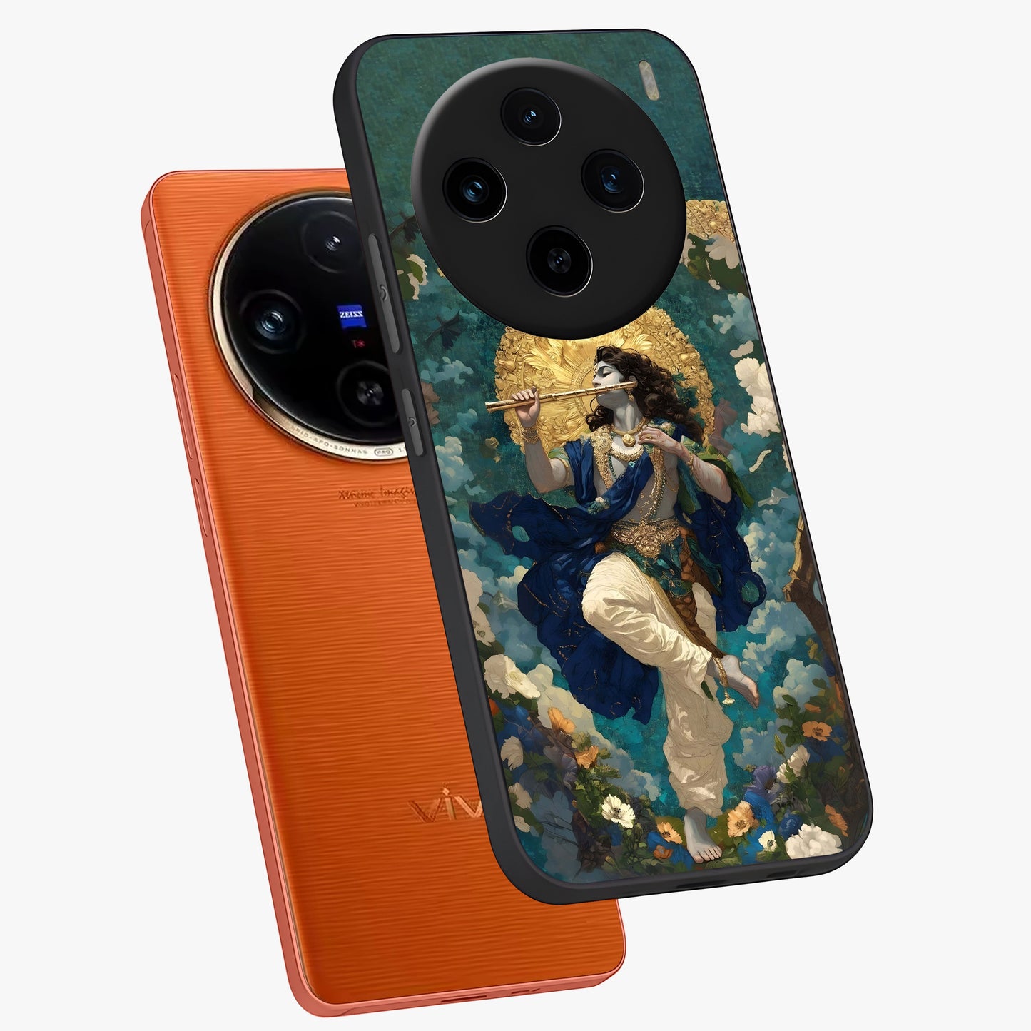 Divine Krishna Art Glass Case displayed in angled mockup highlighting spiritual Krishna illustration with devotional aesthetic.
