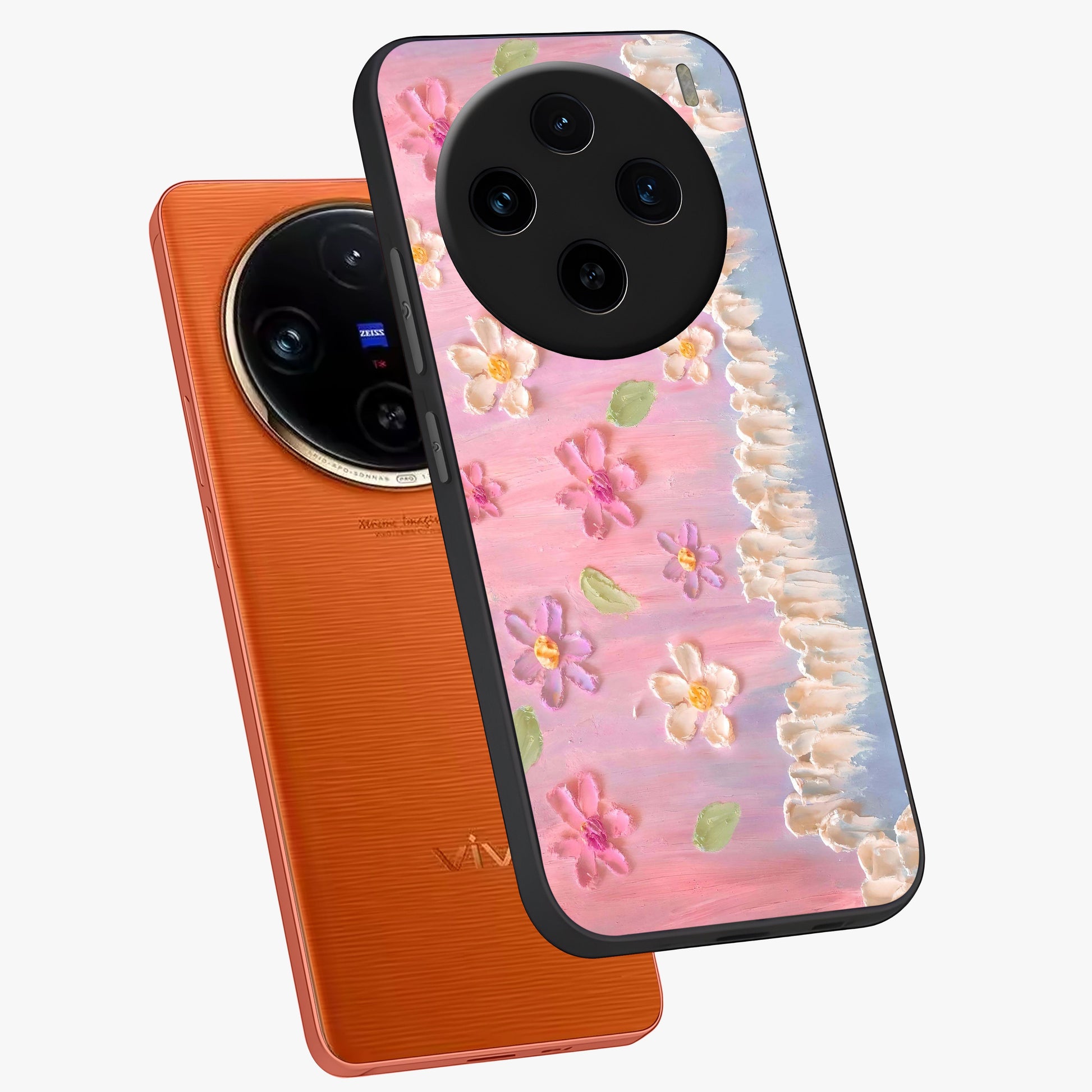 Dreamy Painted Garden Glass Case displayed in angled mockup highlighting colorful garden illustration with dreamy aesthetic style.
