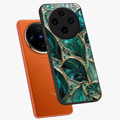 Emerald Leaf Glass Glass Case displayed in angled mockup highlighting botanical leaf illustration with elegant natural aesthetic.