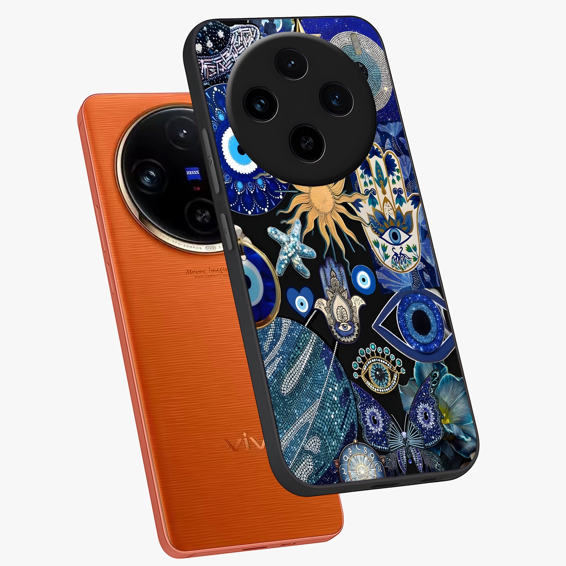 Evil Eye Charm Mix Glass Case displayed in angled mockup highlighting protective evil eye symbols with spiritual aesthetic design.