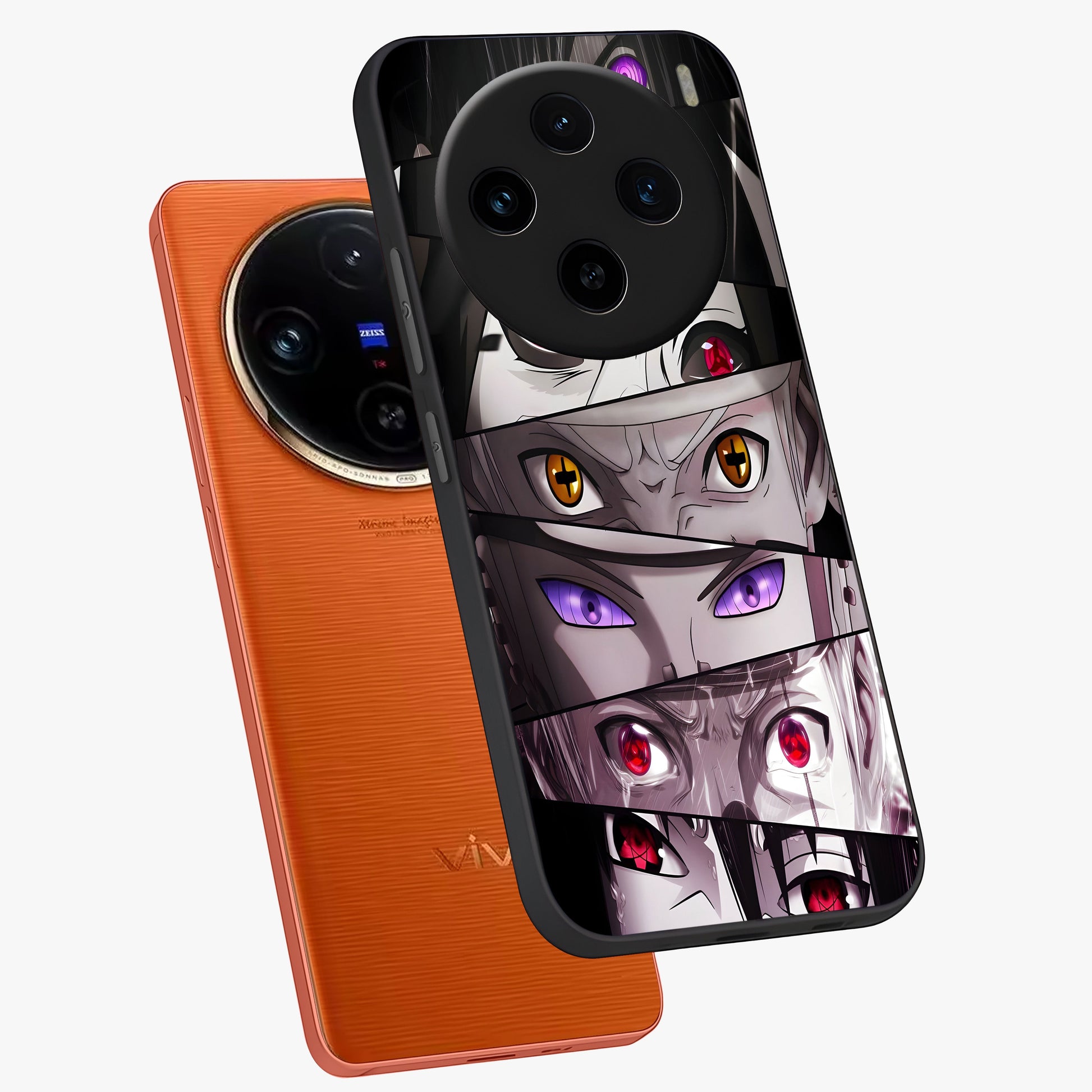 Eyes of Destiny Glass Case displayed in angled mockup highlighting bold eye illustration with mystical aesthetic style.