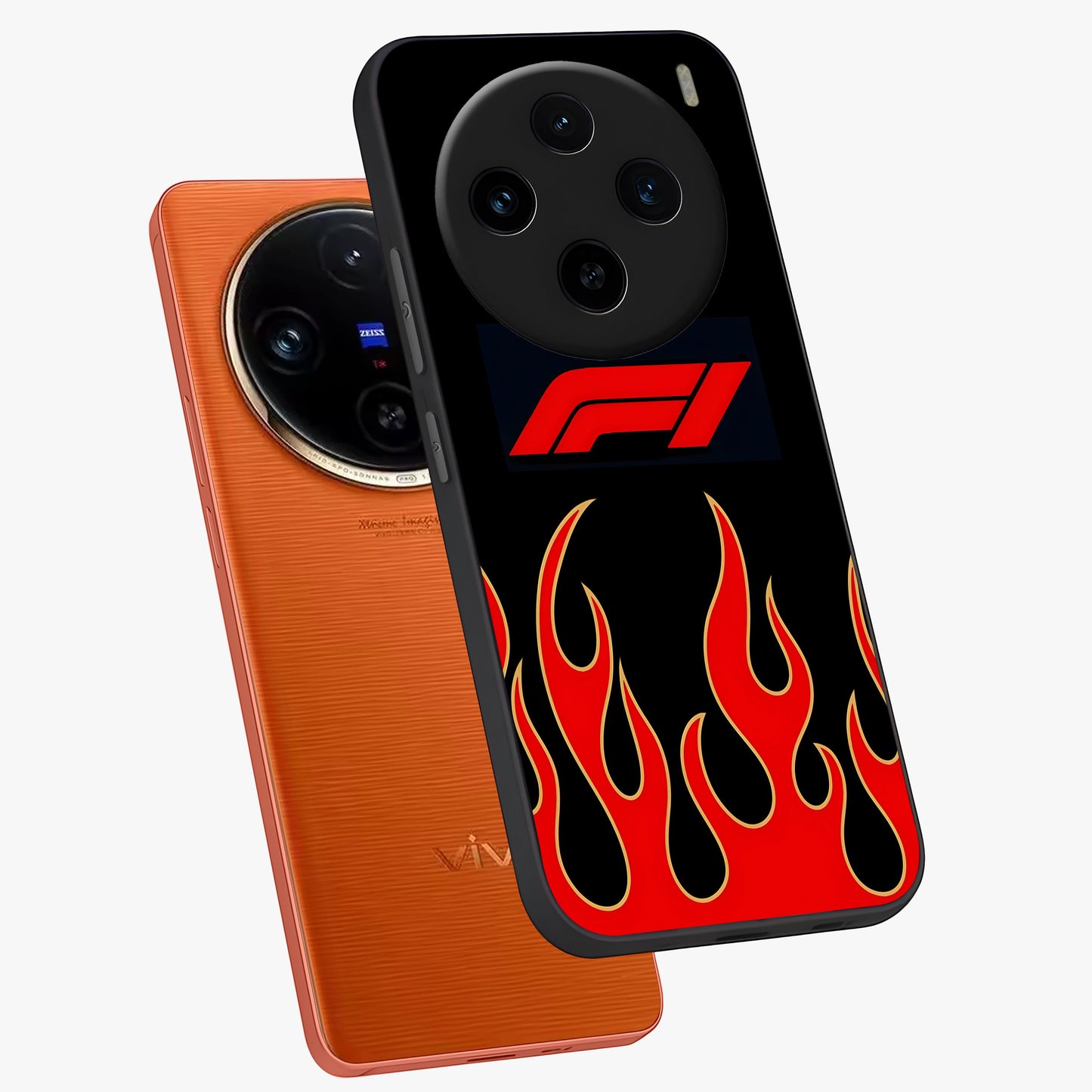 Fire F11 Glass Case displayed in angled mockup highlighting bold fire inspired graphic with energetic aesthetic style.