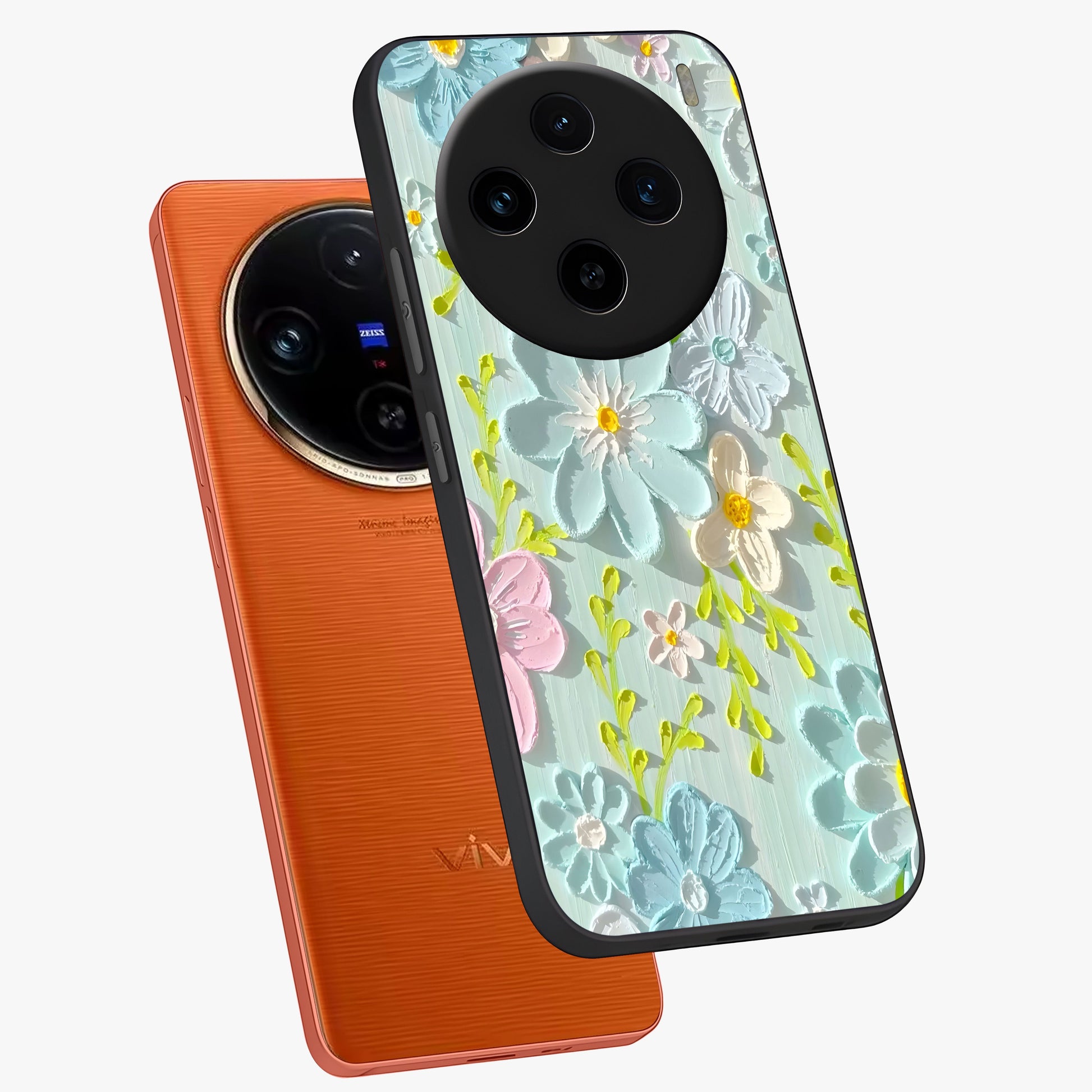 Frosted Petal Garden Glass Case displayed in angled mockup highlighting delicate flower petal design with calm garden aesthetic.
