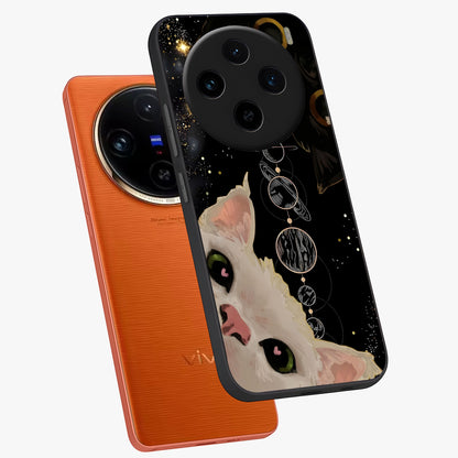 Galactic Cat Glass Case displayed in angled mockup highlighting celestial feline illustration with galaxy aesthetic style.