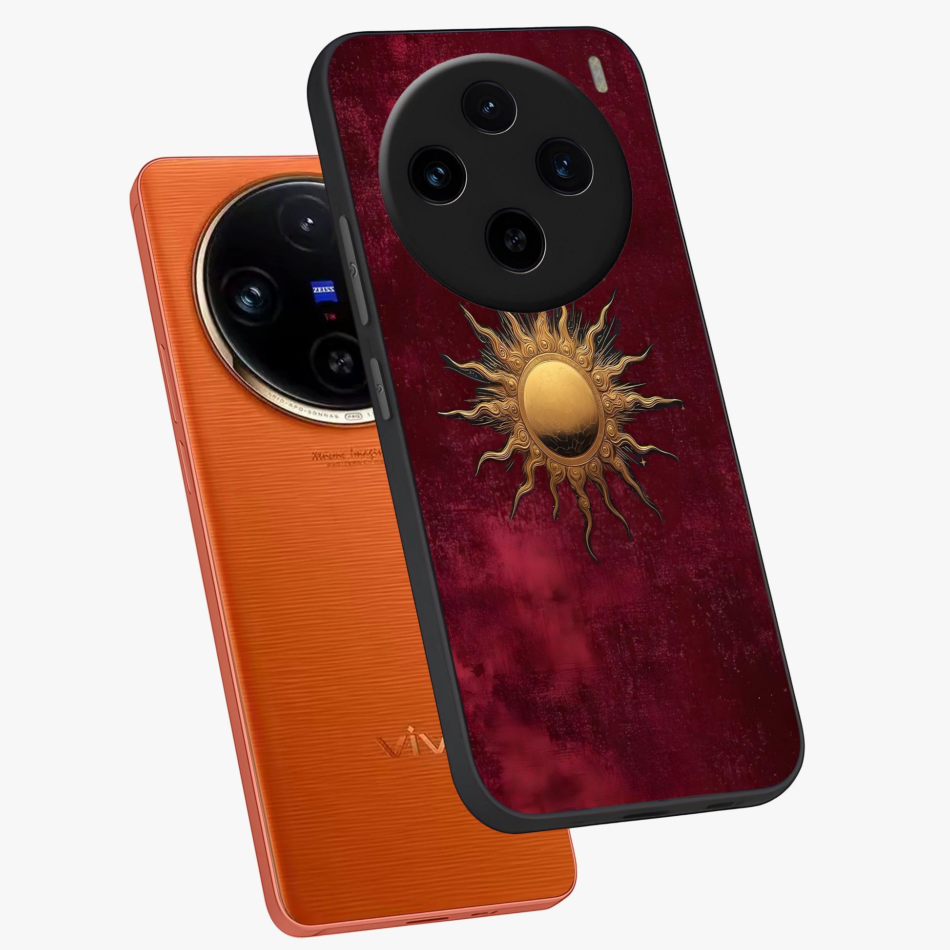 Golden Sun Minimalism Glass Case displayed in angled mockup highlighting clean sun symbol design with modern minimal aesthetic.