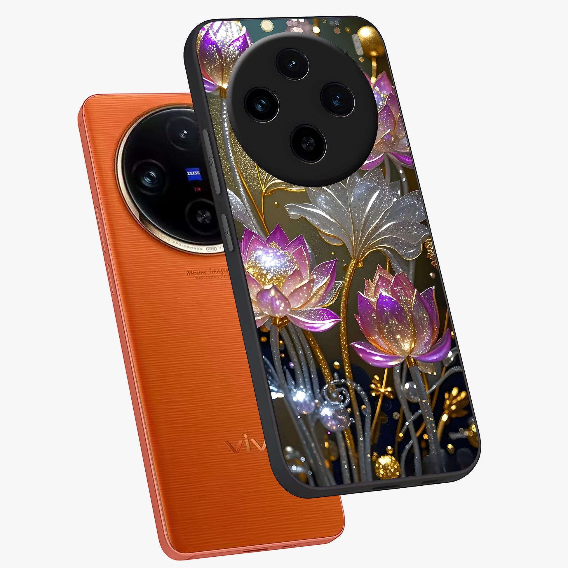 Golden Floral Majesty Glass Case displayed in angled mockup highlighting elegant flower design with royal golden aesthetic.