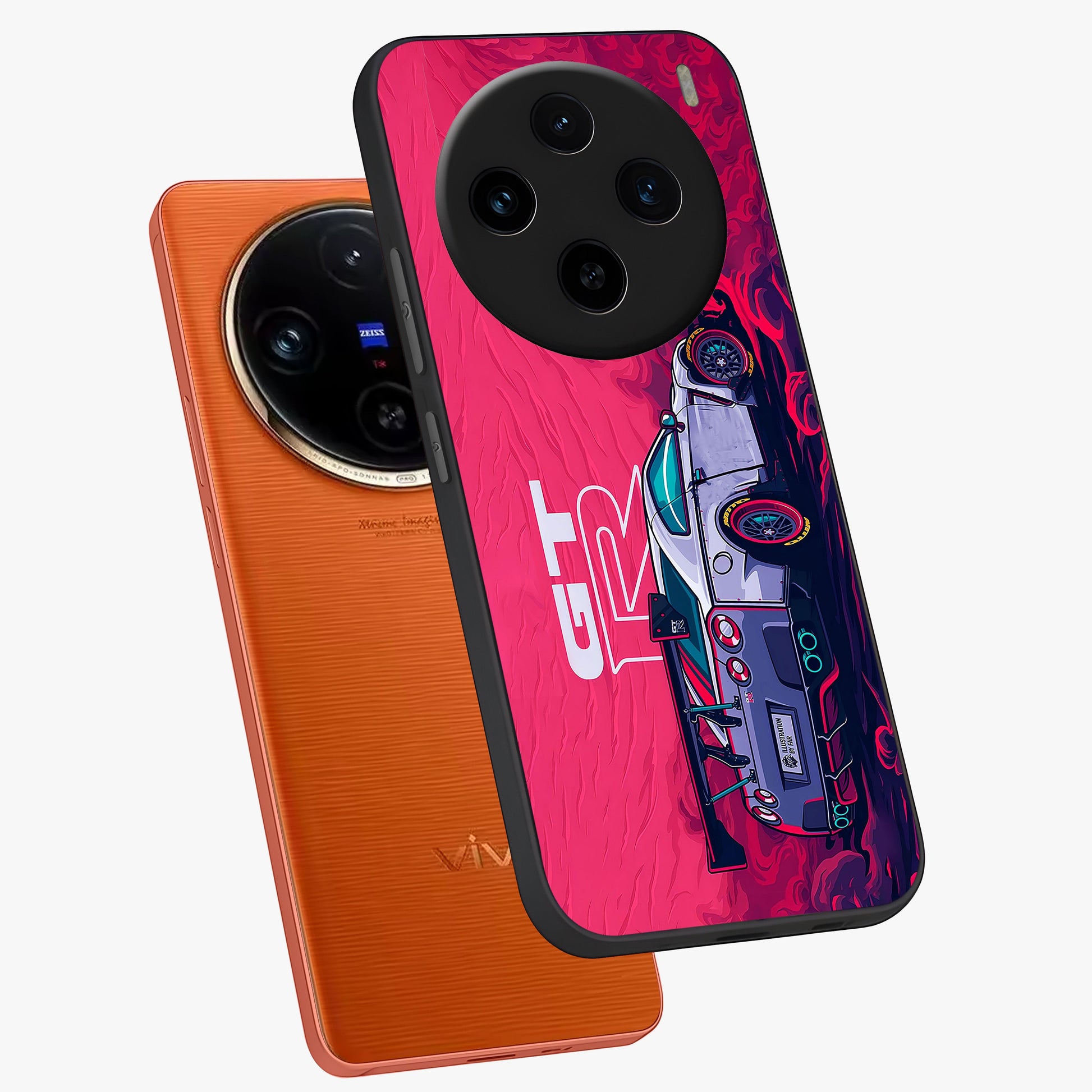 GT-R Car Pattern Glass Case displayed in angled mockup highlighting racing car graphic design with bold automotive aesthetic.