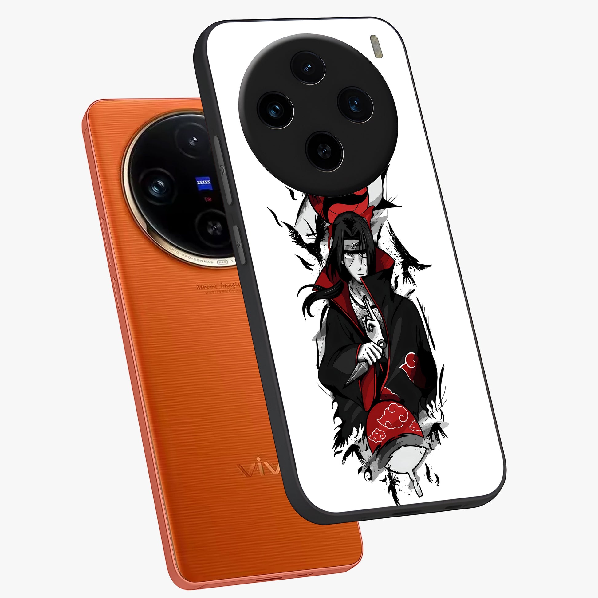 Itachi Limited Edition Naruto Anime Glass Case displayed in angled mockup highlighting dramatic anime illustration with bold action aesthetic.