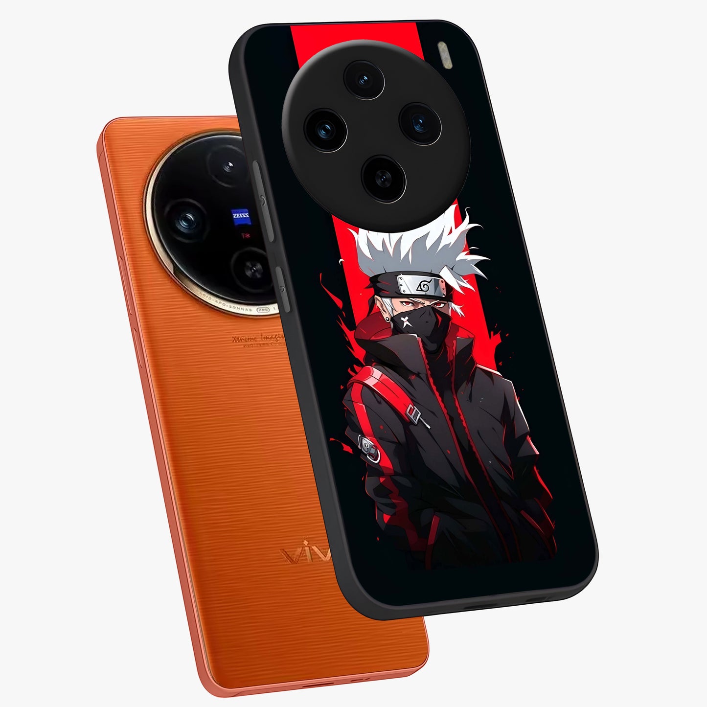 Kakashi Scarlet Shadow Glass Case displayed in angled mockup highlighting dramatic ninja illustration with scarlet themed aesthetic.