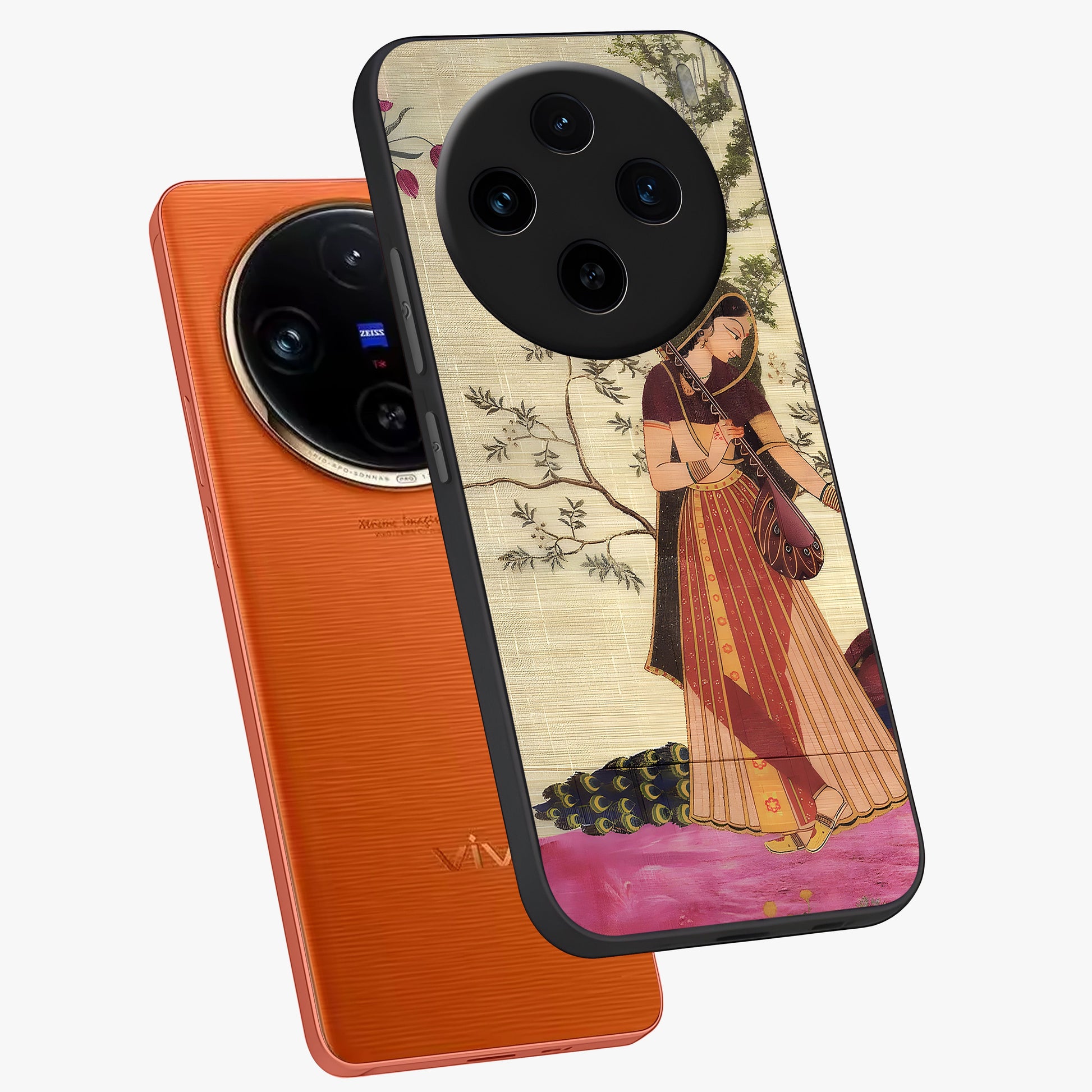 Lady With Veena Art Glass Case displayed in angled mockup highlighting graceful musical illustration with cultural artistic aesthetic.