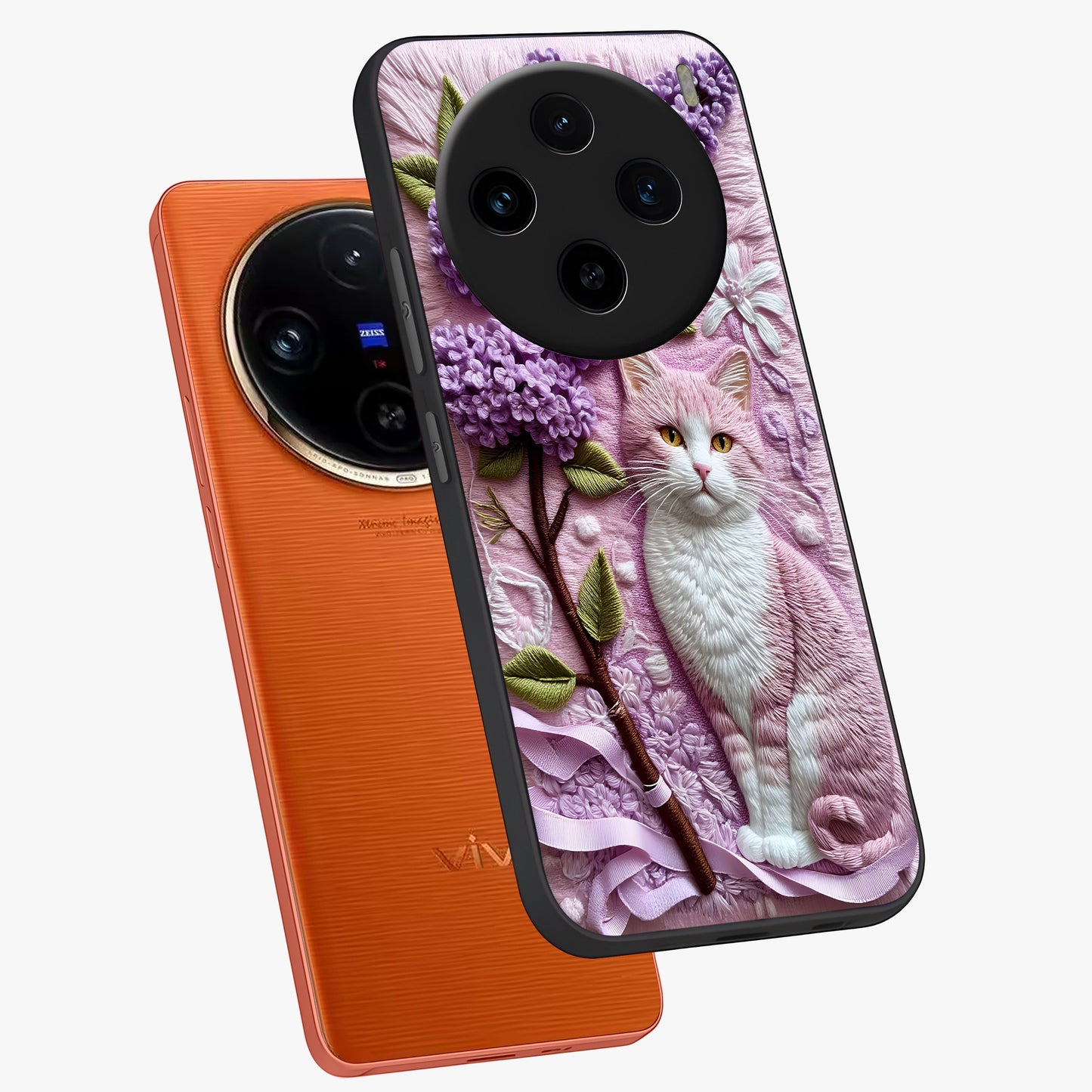 Lavender Cat Whimsy Glass Case displayed in angled mockup highlighting playful feline illustration with pastel lavender aesthetic.