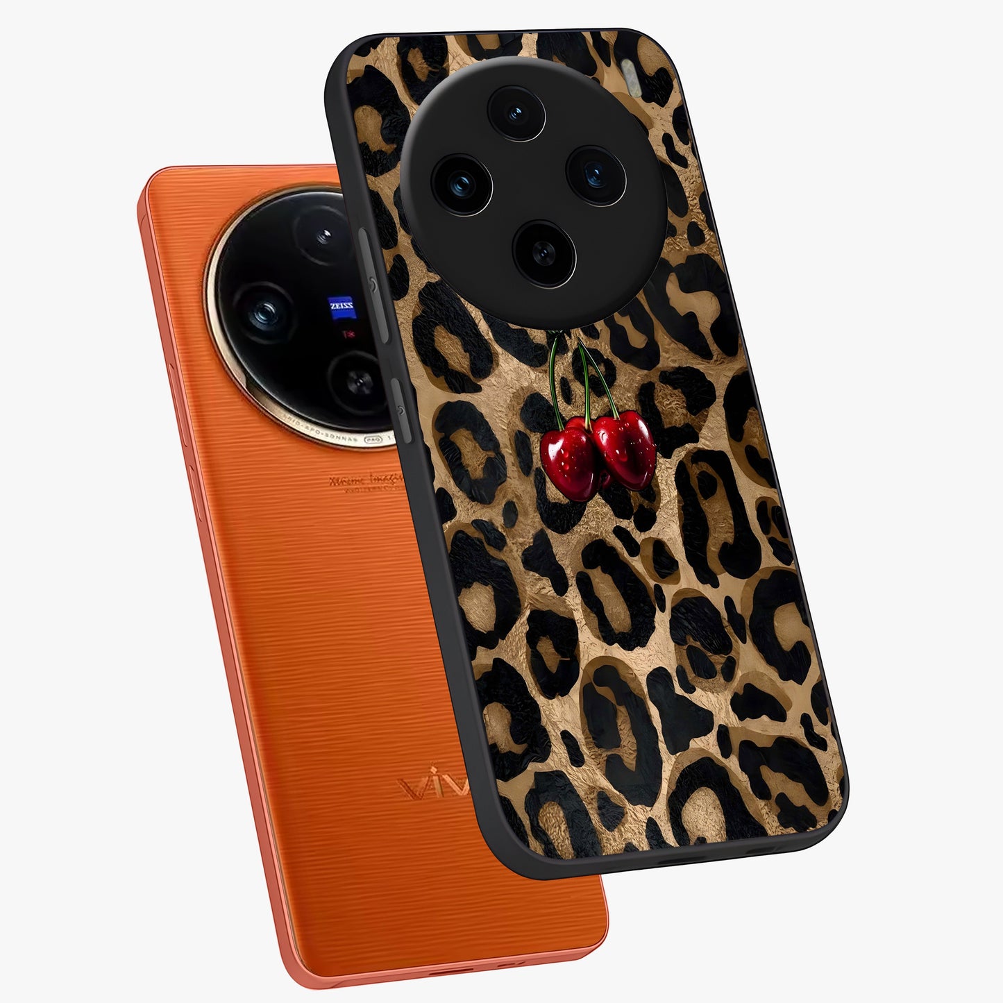 Leopard Wild Cherry Glass Case displayed in angled mockup highlighting bold animal print design with playful cherry aesthetic.