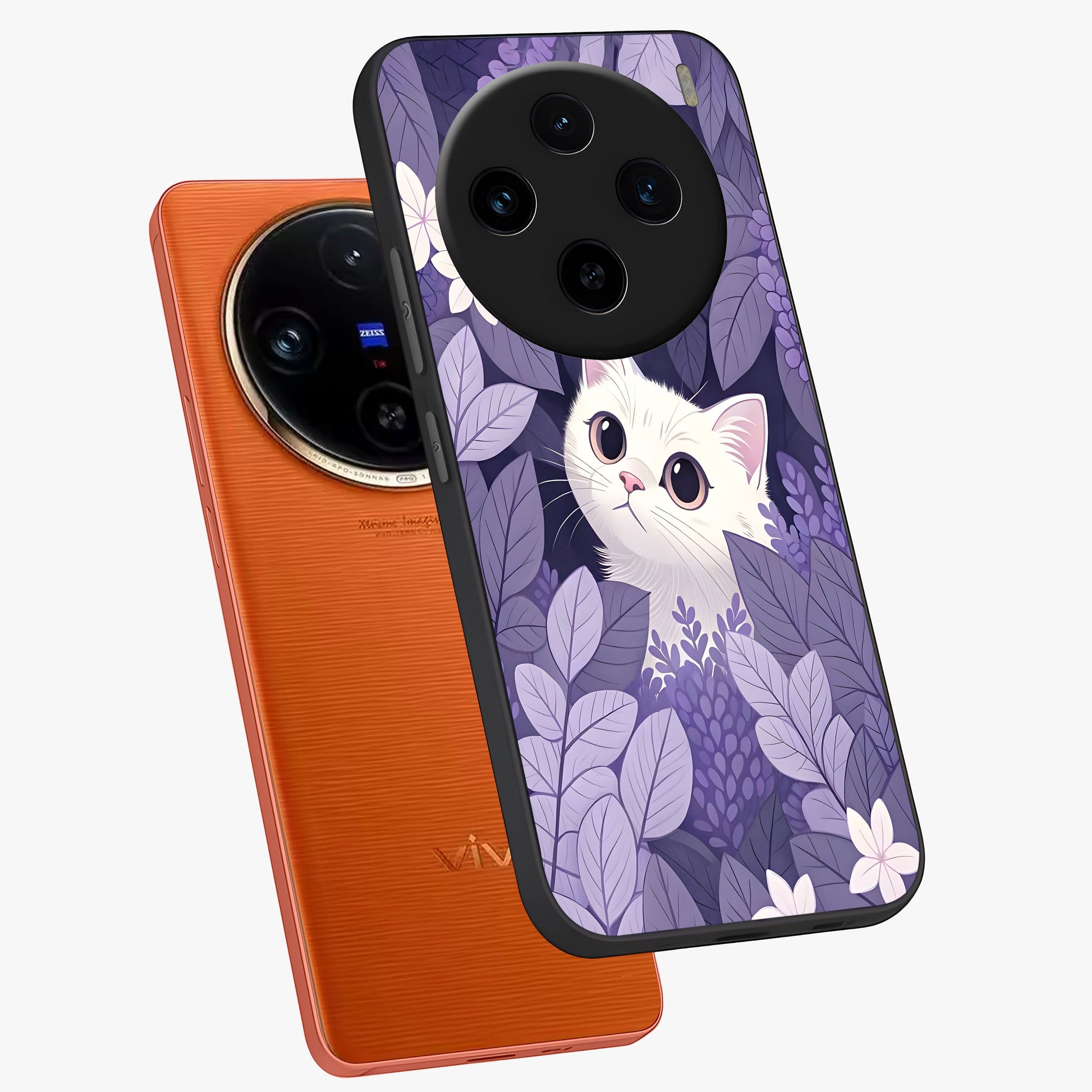 Lilac Hide Peek Cat Glass Case displayed in angled mockup highlighting playful feline illustration with lilac aesthetic design.