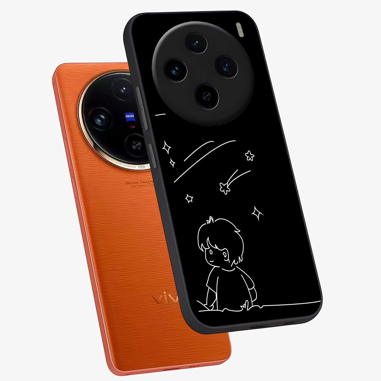 Line Art Boy With Shooting Stars Glass Case displayed in angled mockup highlighting elegant line art design with dreamy star aesthetic.
