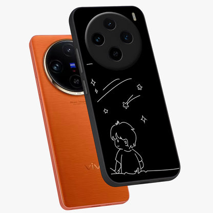 Line Art Boy With Shooting Stars Glass Case displayed in angled mockup highlighting elegant line art design with dreamy star aesthetic.