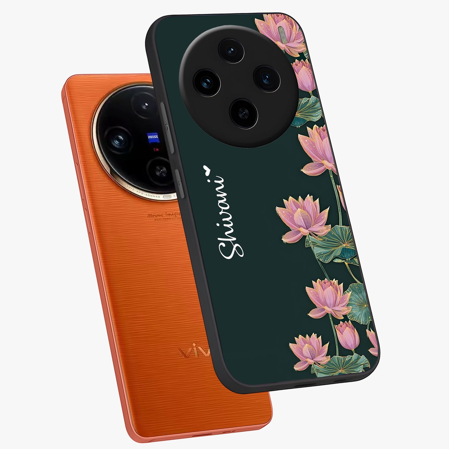 Lotus Bloom Serenity Custom Name Glass Case displayed in angled mockup highlighting graceful lotus illustration with custom name feature.