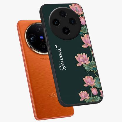 Lotus Bloom Serenity Custom Name Glass Case displayed in angled mockup highlighting graceful lotus illustration with custom name feature.