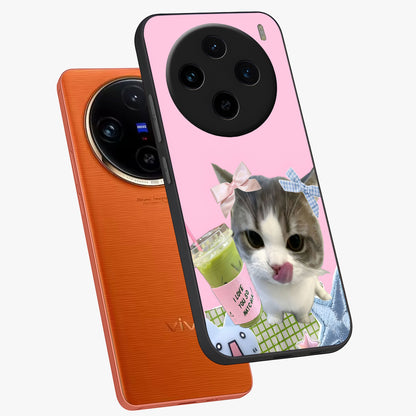 Love Matcha Cat Glass Case displayed in angled mockup highlighting playful feline illustration with cozy matcha aesthetic.