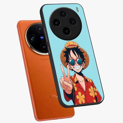 Luffy Summer Anime Vibe Glass Case displayed in angled mockup highlighting energetic anime illustration with summer vibe aesthetic.