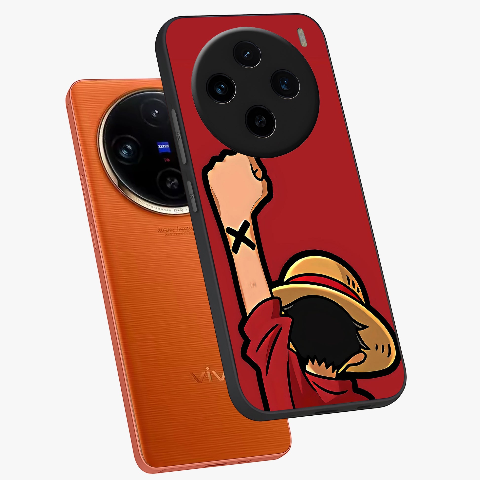 Luffy X Spirit Glass Case displayed in angled mockup highlighting powerful anime design with energetic action aesthetic.