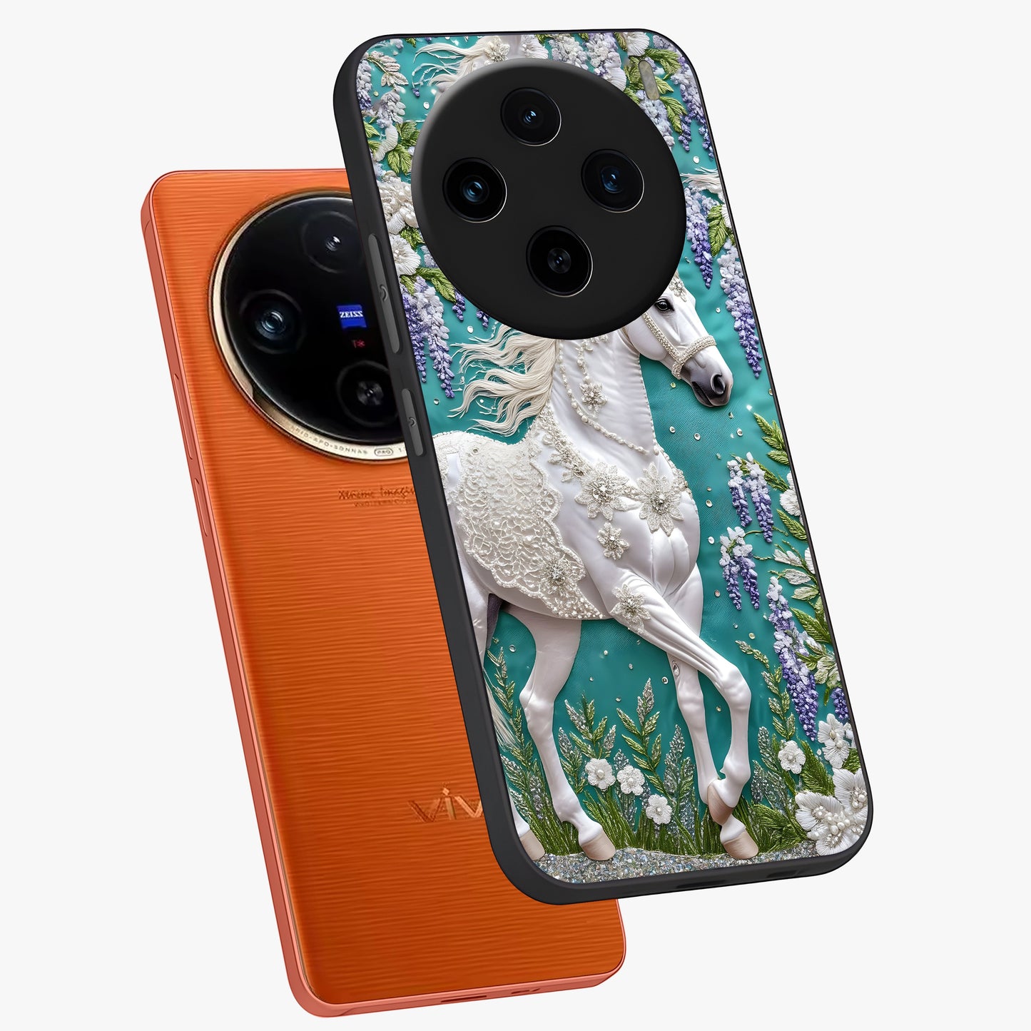 Majestic Floral Stallion Glass Case displayed in angled mockup highlighting majestic stallion illustration with elegant floral aesthetic.