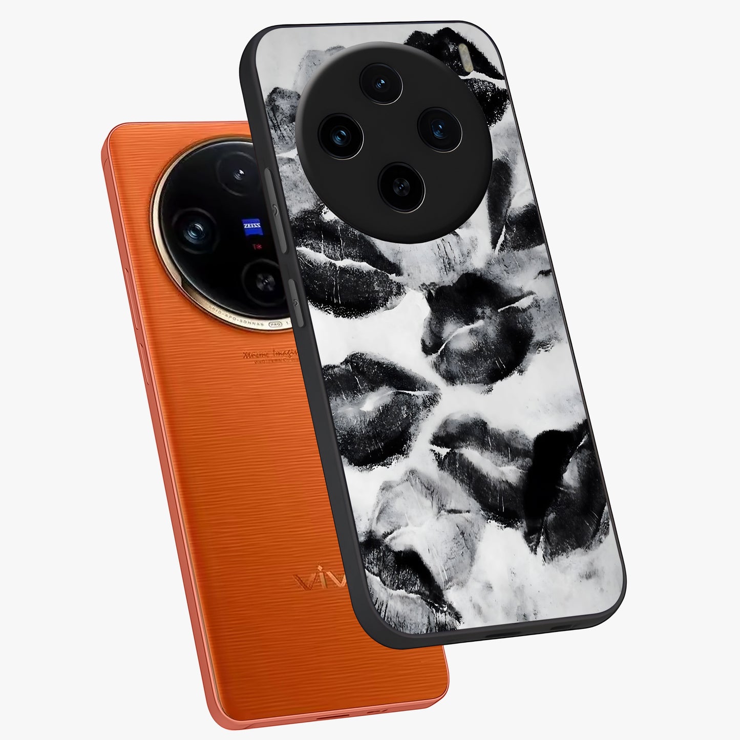 Midnight Kiss Marks Glass Case displayed in angled mockup highlighting playful romantic design with bold midnight aesthetic.