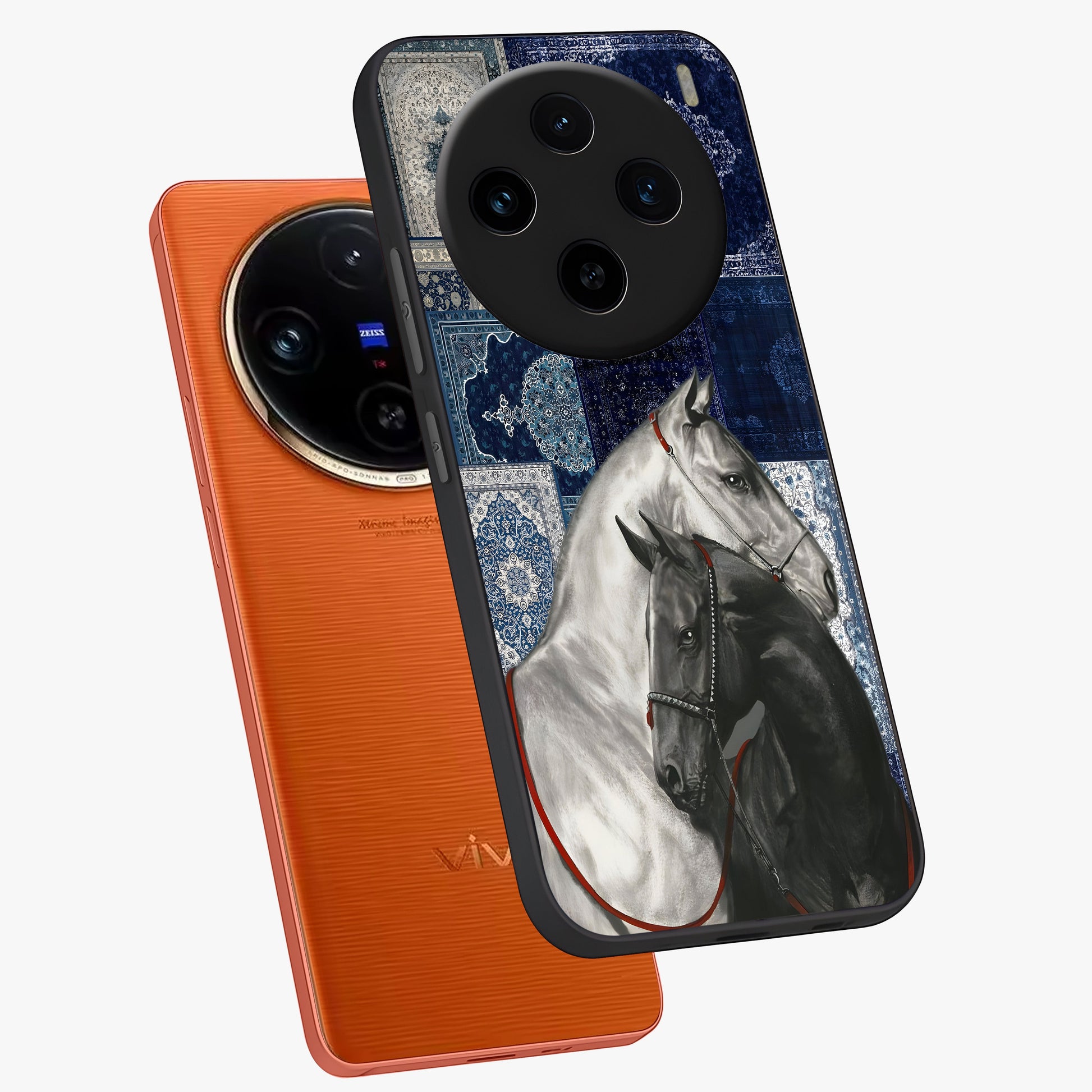 Midnight Stallion Blues Glass Case displayed in angled mockup highlighting powerful stallion illustration with deep midnight tones.
