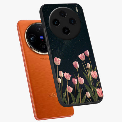 Midnight Tulip Whispers Vibe Glass Case displayed in angled mockup highlighting delicate tulip design with midnight floral aesthetic.