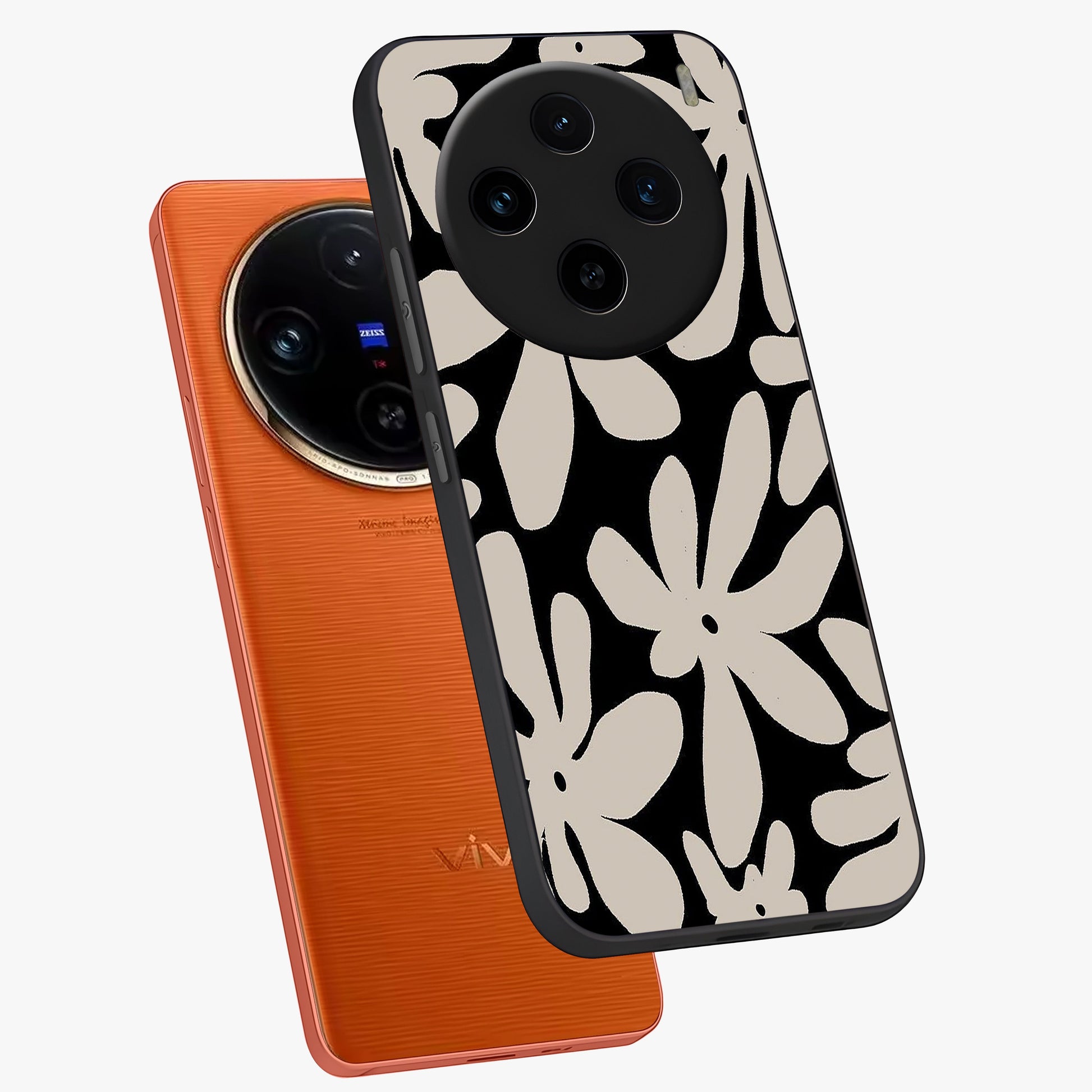 Monochrome Petal Dance Glass Case displayed in angled mockup highlighting elegant petal design with black and white aesthetic.