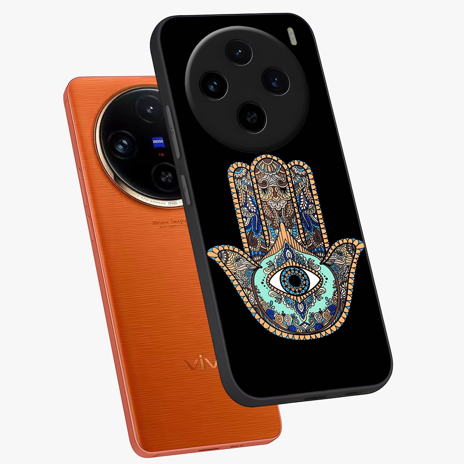 Mystic Hamsa Eye Glass Case displayed in angled mockup highlighting spiritual hamsa symbol with mystical aesthetic style.