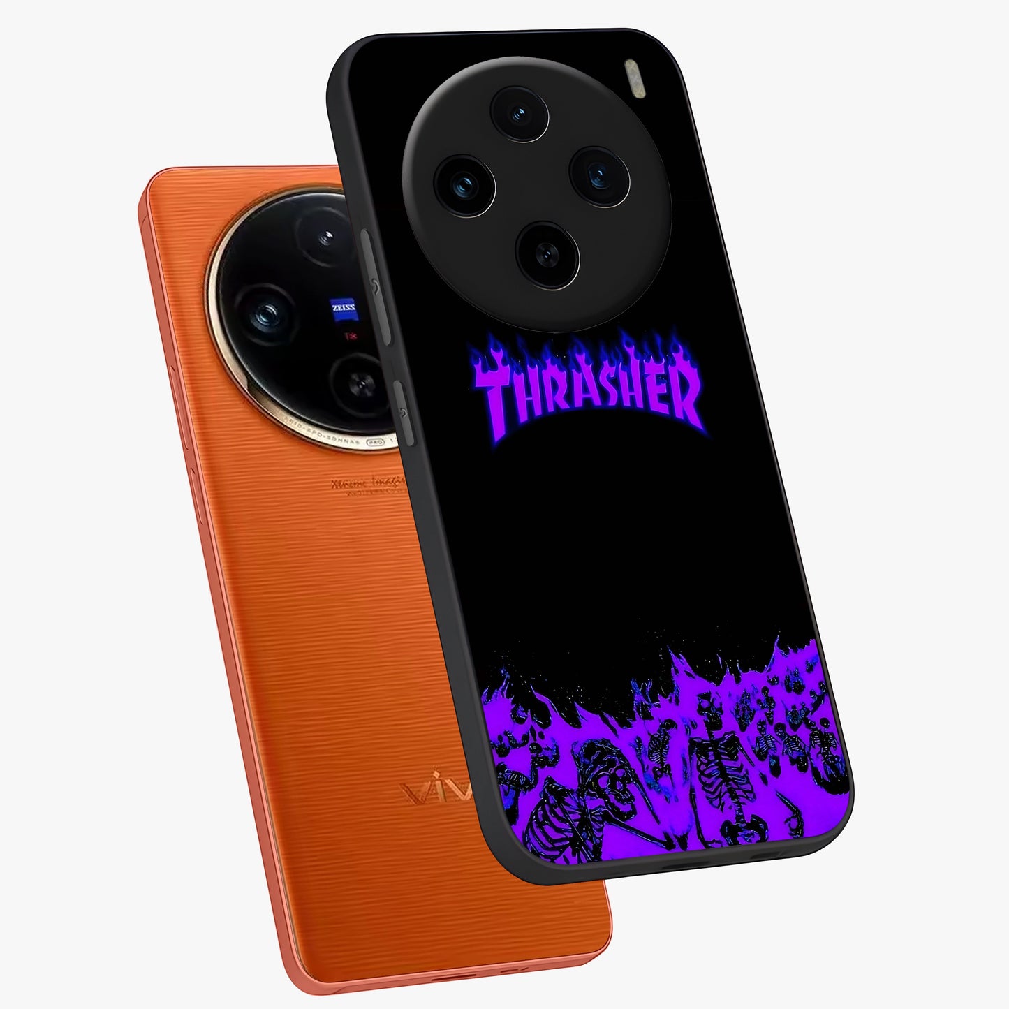 Neon Flame Riot Glass Case displayed in angled mockup highlighting glowing flame design with vibrant neon aesthetic.