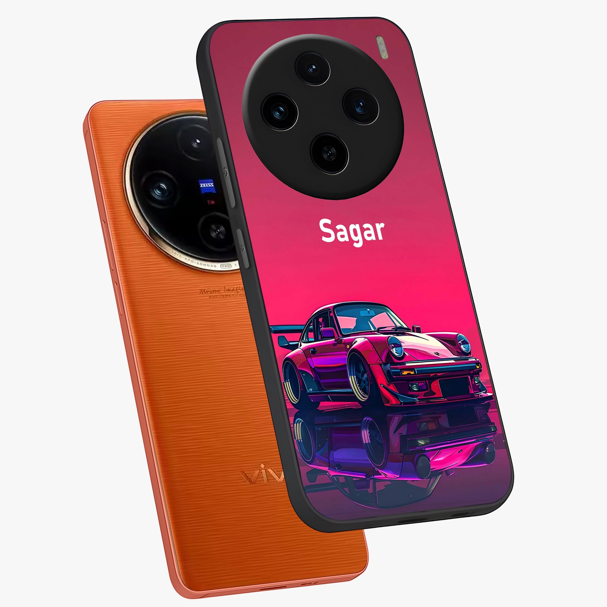 Neon Pink Porsche Glass Case displayed in angled mockup highlighting sleek neon pink car design with racing aesthetic.