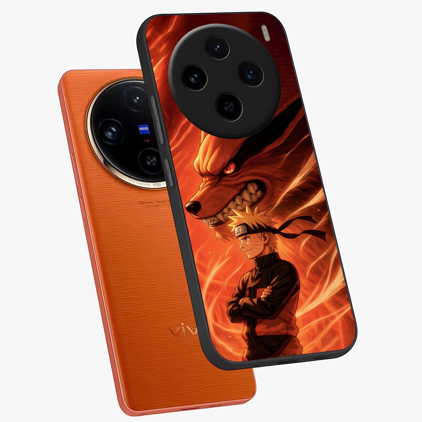 Nine Tails Legacy Glass Case displayed in angled mockup highlighting dynamic anime beast illustration with bold mystical aesthetic.