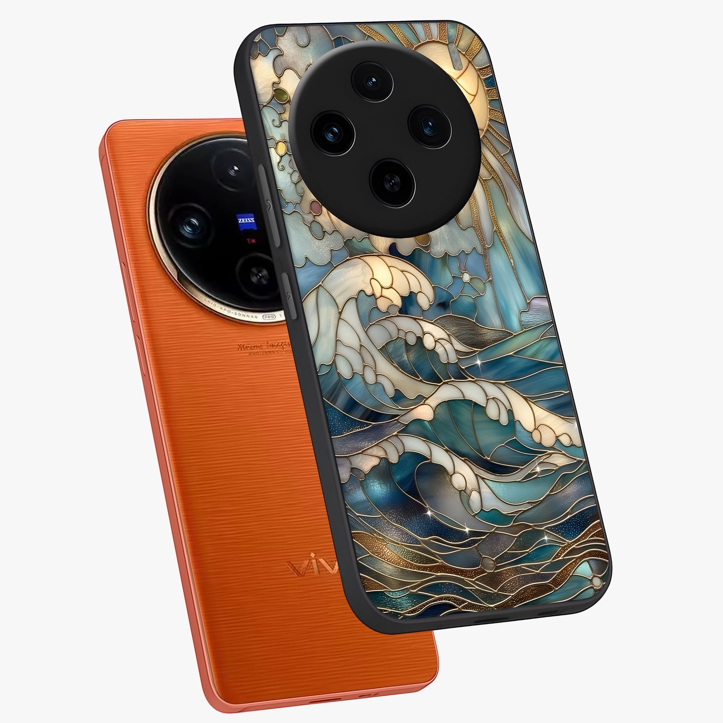 Oceanic Stained Printed Glass Case displayed in angled mockup highlighting colorful aquatic design with artistic aesthetic style.