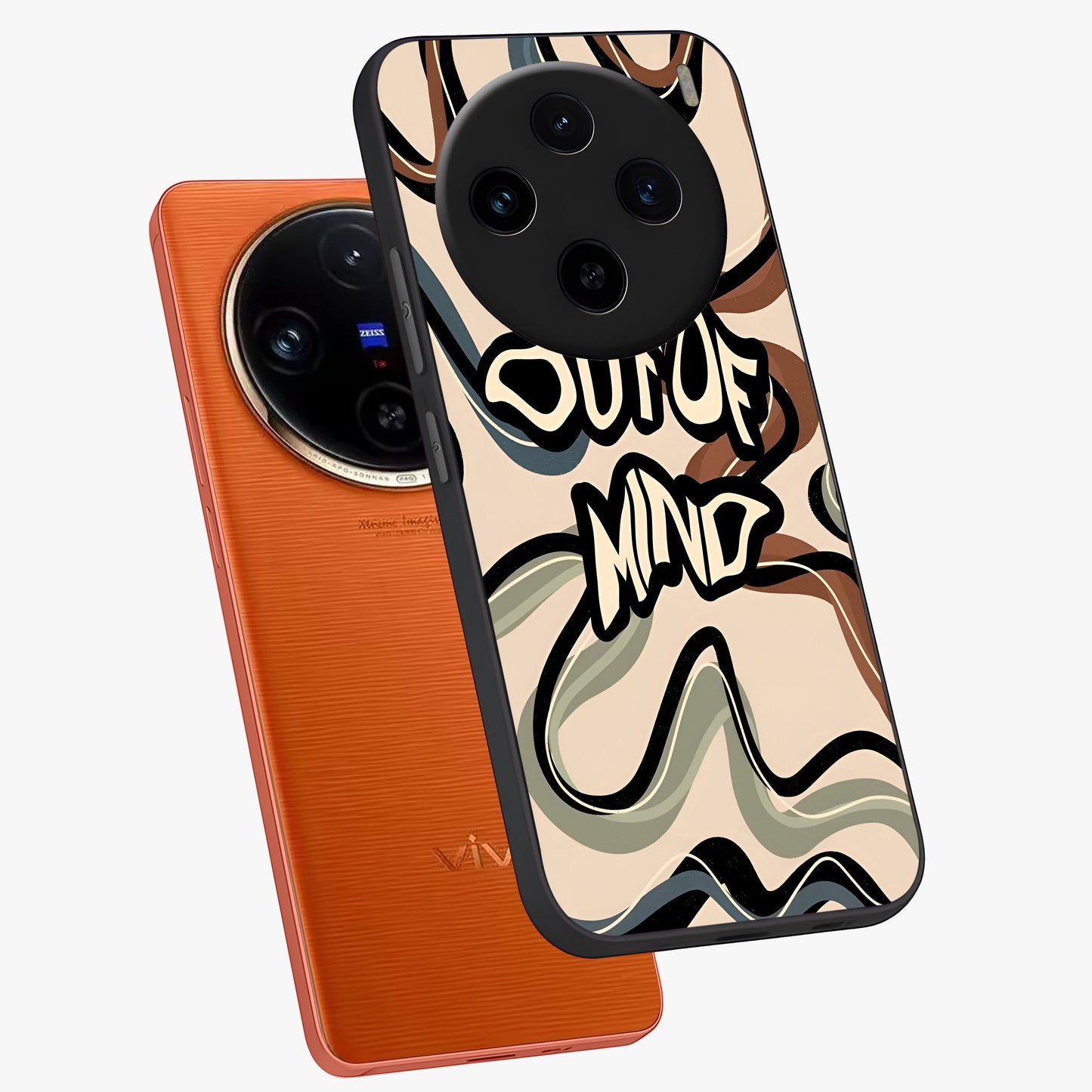 Out Of Mind Glass Case displayed in angled mockup highlighting bold statement design with modern artistic aesthetic.