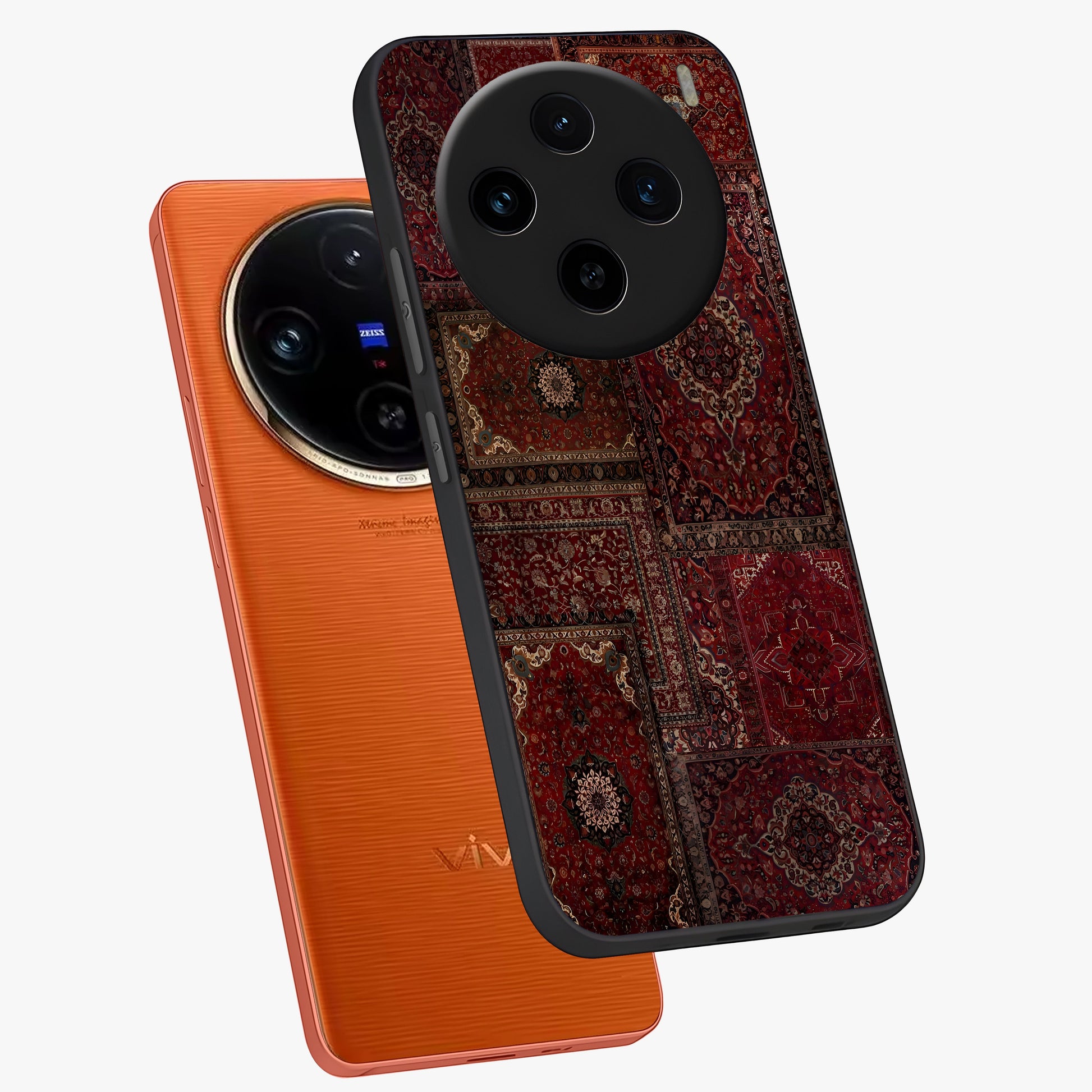 Persian Velvet Tale Glass Case displayed in angled mockup highlighting ornate textile inspired design with royal aesthetic.