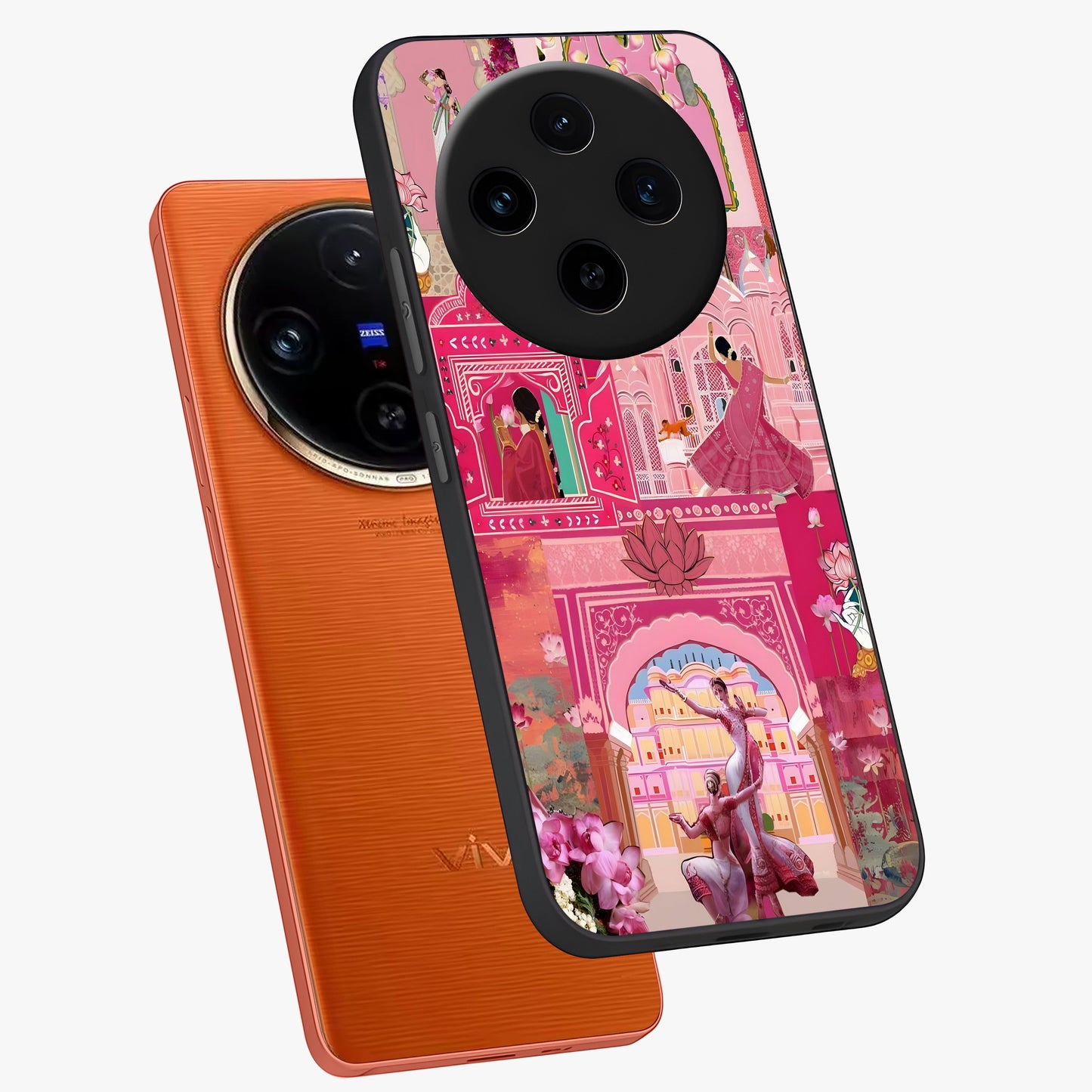 Pink Palace Muse Glass Case displayed in angled mockup highlighting dreamy palace illustration with soft pink aesthetic.