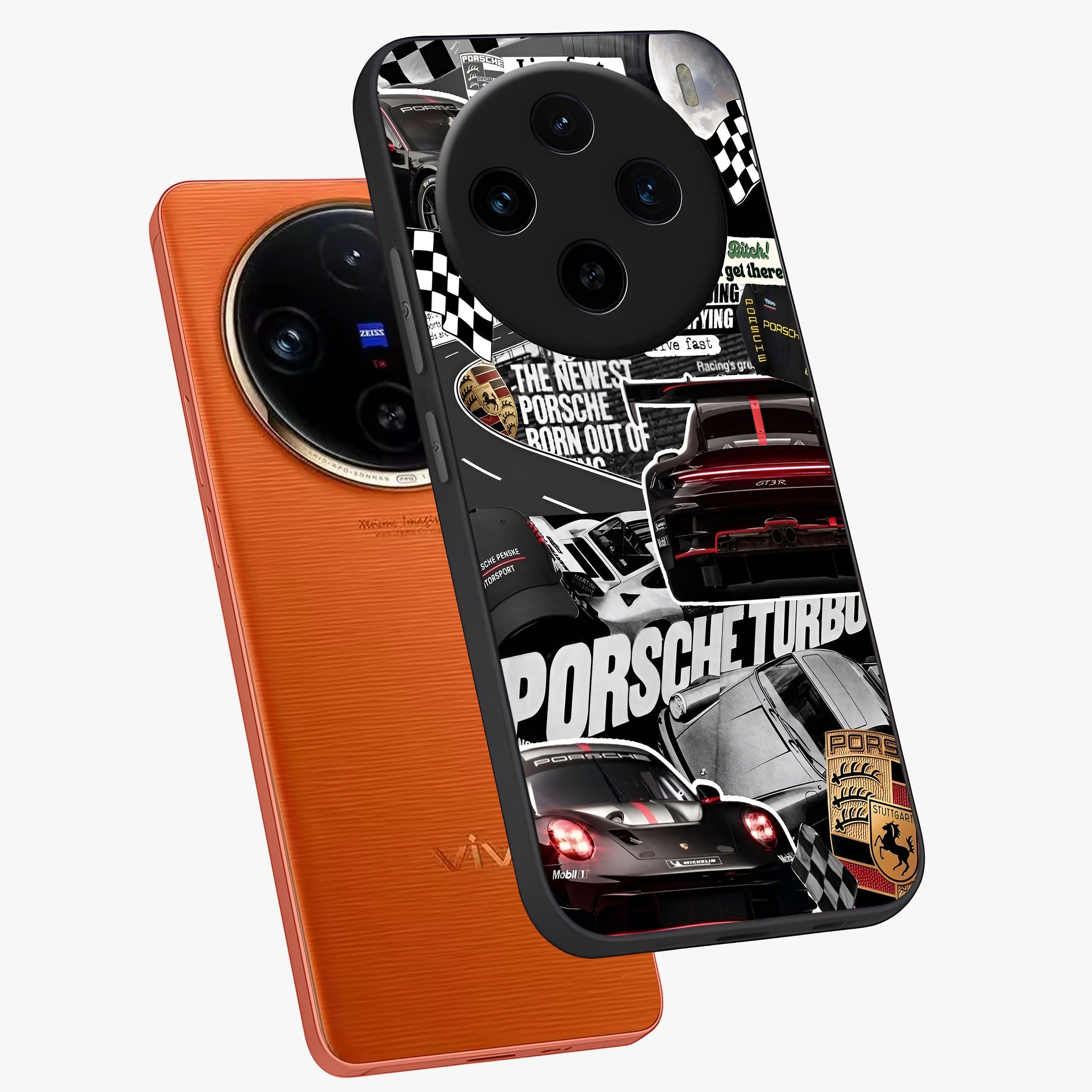 Porsche Racing Collage Glass Case displayed in angled mockup highlighting dynamic automotive design with bold racing aesthetic.