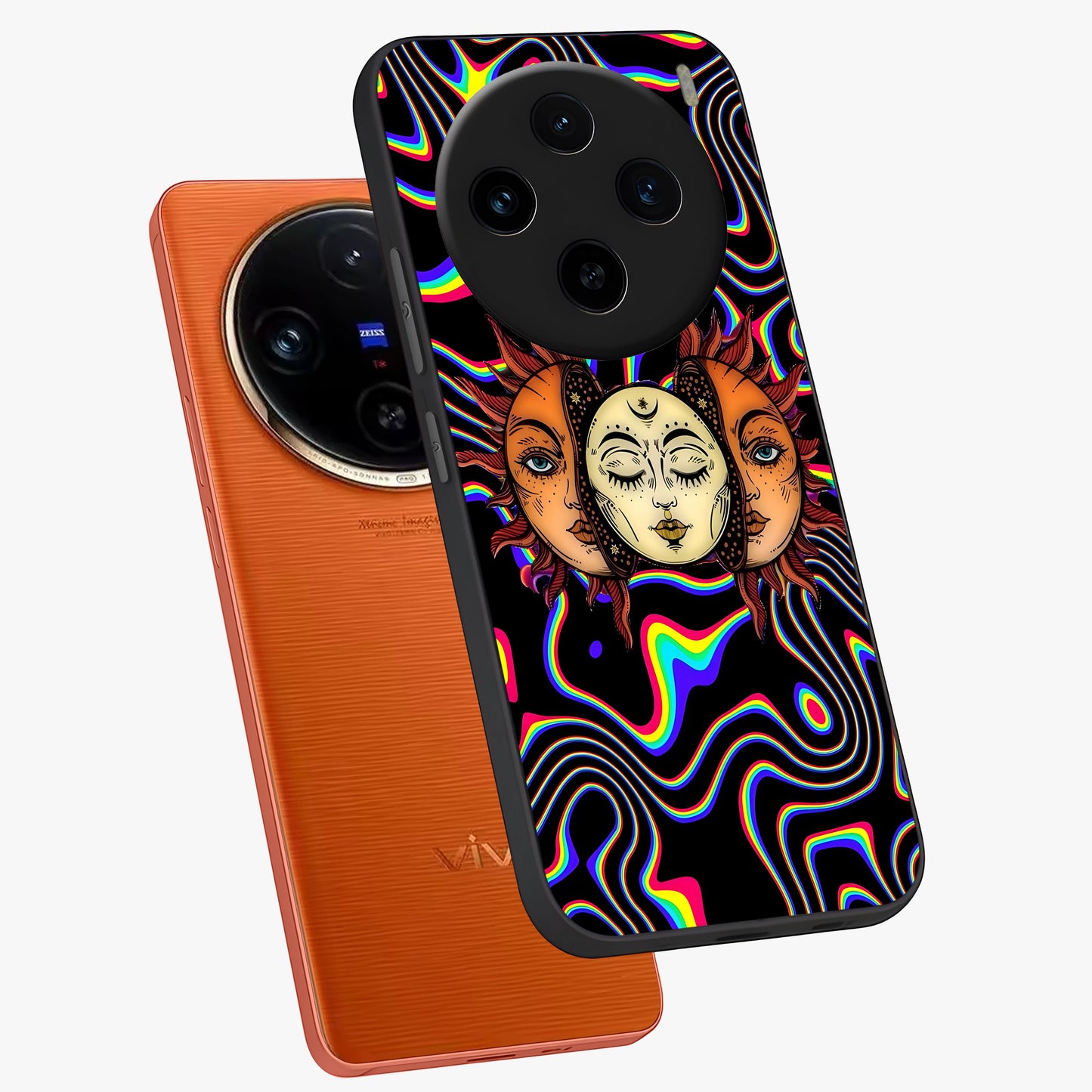 Psychedelic Sun Glass Case displayed in angled mockup highlighting vibrant abstract sun design with artistic aesthetic style.