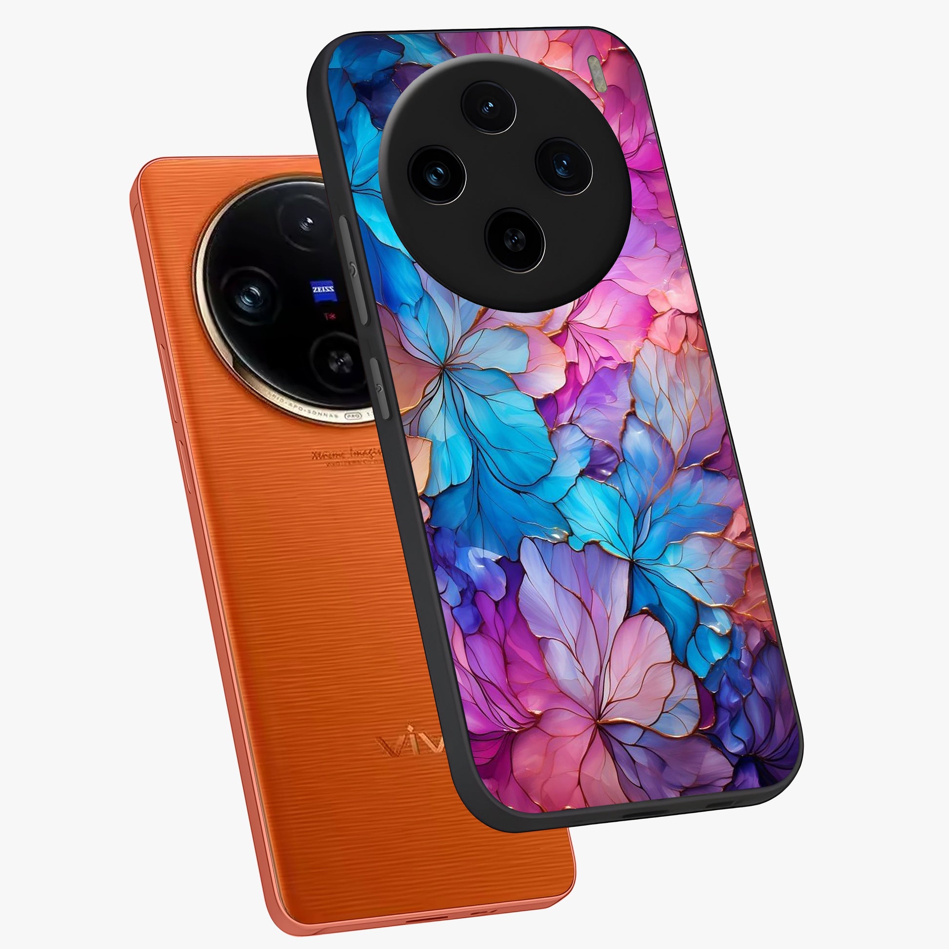 Radiant Floral Whirl Glass Case displayed in angled mockup highlighting vibrant flower pattern with dynamic artistic aesthetic.