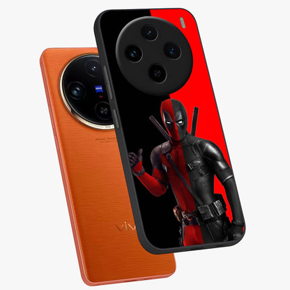 Red & Black Deadpool Theme Glass Case displayed in angled mockup highlighting vibrant superhero style illustration with action aesthetic.