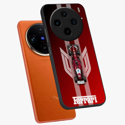 Red Ferrari F1 Vertical Glass Case displayed in angled mockup highlighting high speed racing design with bold automotive aesthetic.