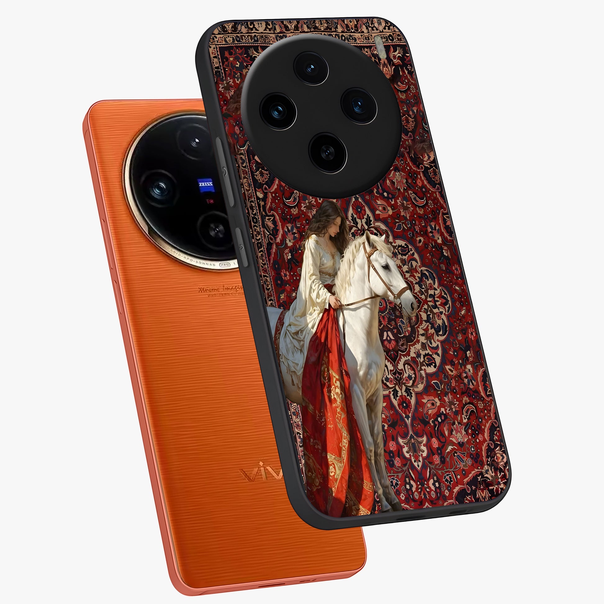 Royal Rider Tapestry Glass Case displayed in angled mockup highlighting traditional tapestry design with royal heritage aesthetic.