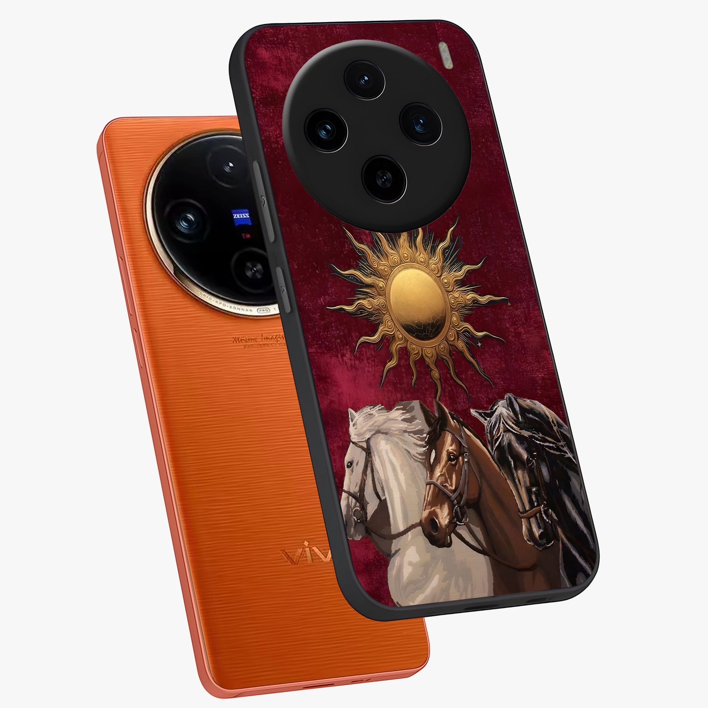 Solar Riders Glass Case displayed in angled mockup highlighting powerful rider illustration with radiant solar aesthetic.
