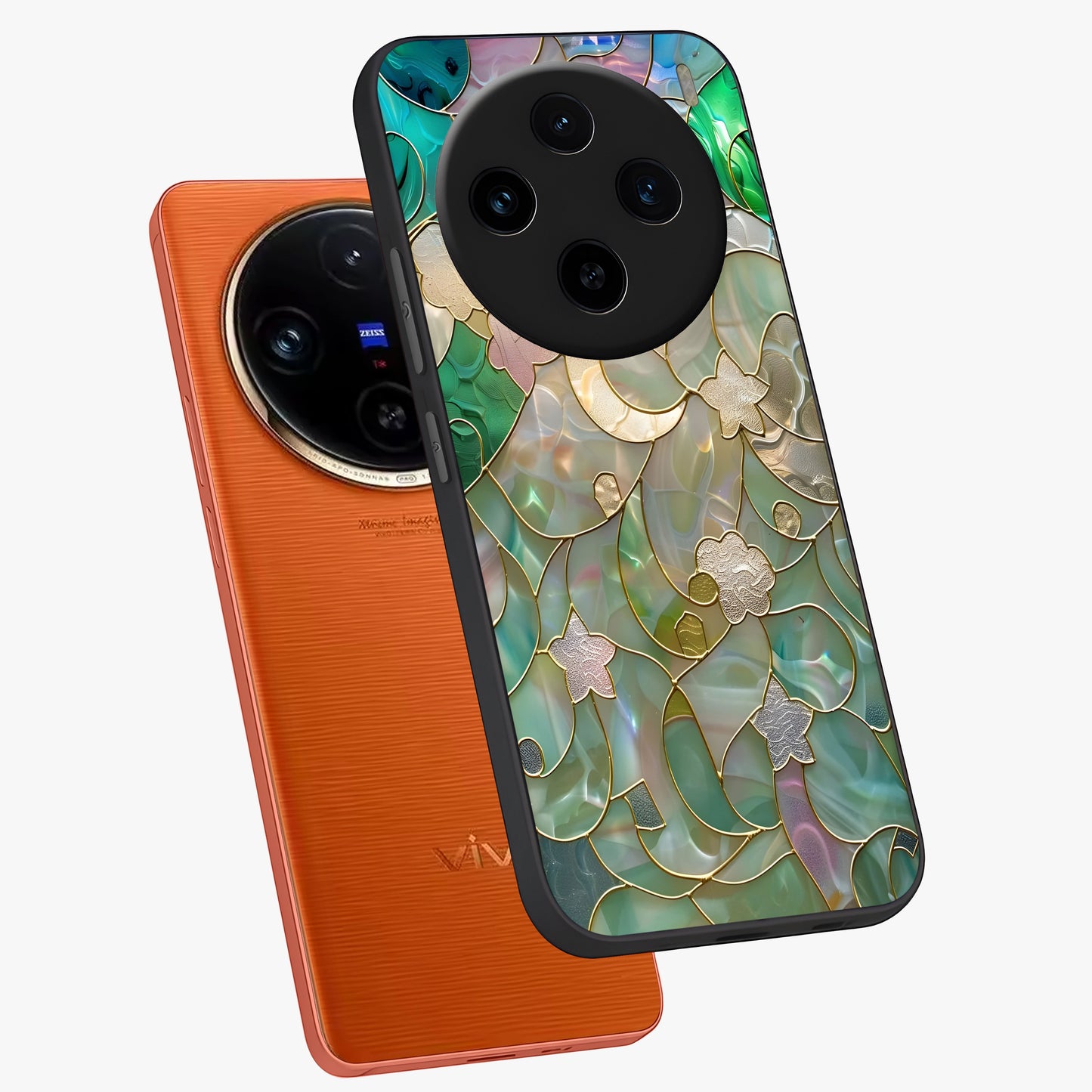 Stained Sunrise Glow Glass Case displayed in angled mockup highlighting radiant sunrise design with artistic aesthetic style.