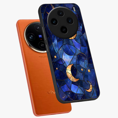 Starlit Sky Tapestry Glass Case displayed in angled mockup highlighting celestial night pattern with artistic aesthetic style.