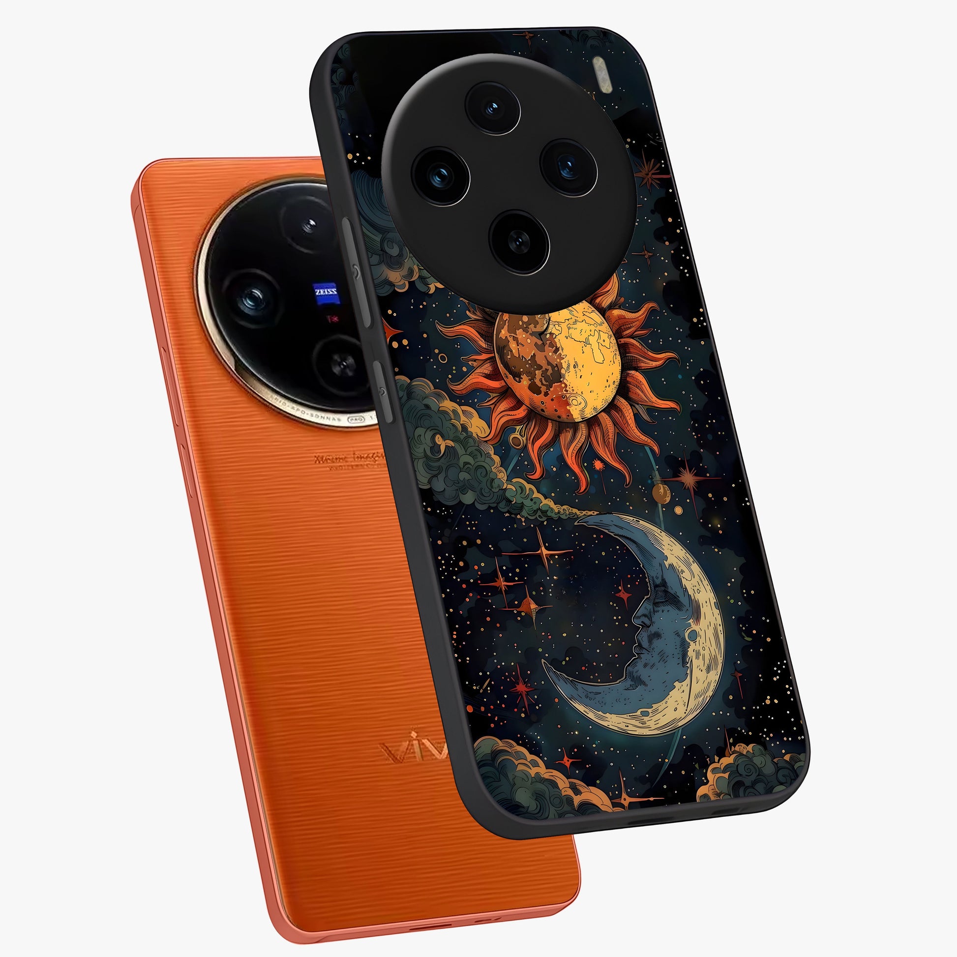 Sun And Moon Magic Design Glass Case displayed in angled mockup highlighting celestial design with magical cosmic aesthetic.