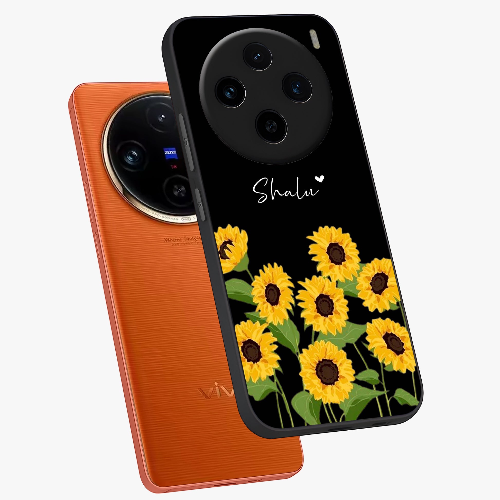 Sunflower Chic Mood Custom Name Glass Case displayed in angled mockup highlighting vibrant sunflower design with custom name feature.