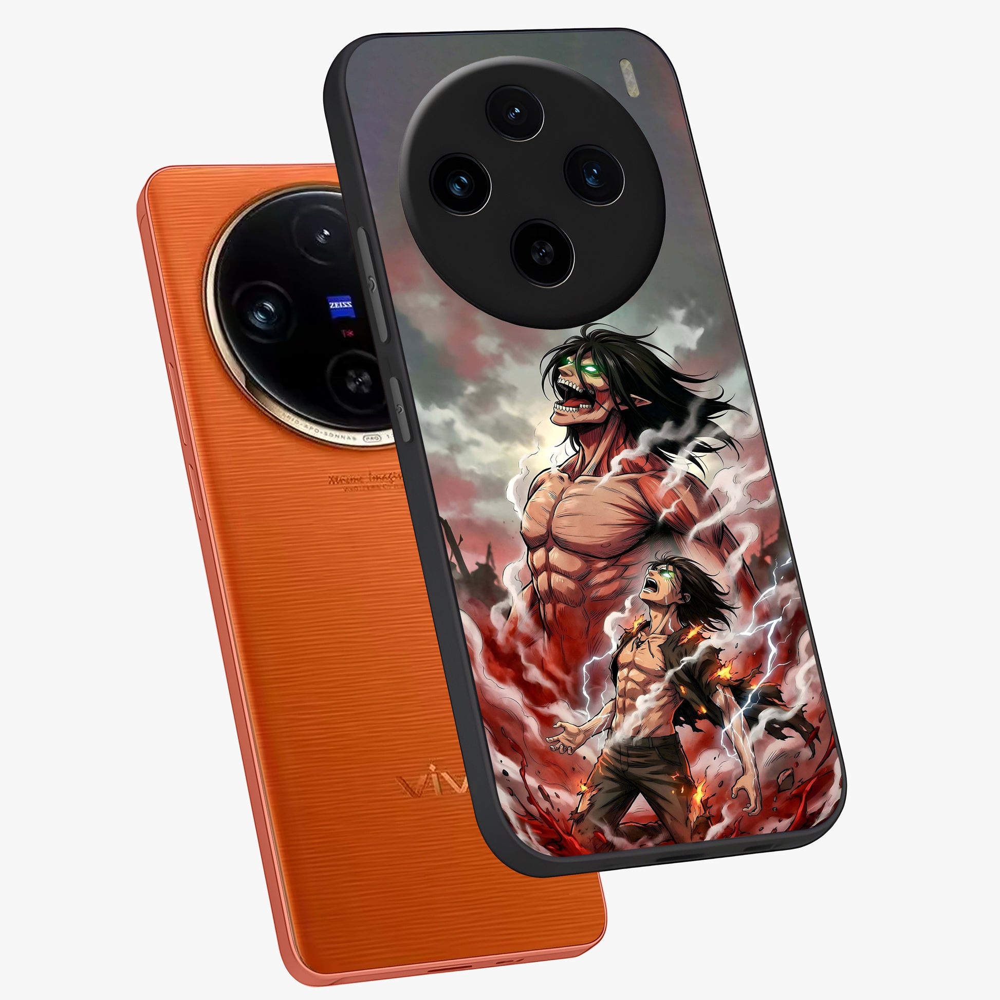 Titan Awakening Fury Glass Case displayed in angled mockup highlighting dramatic giant warrior design with bold anime aesthetic.
