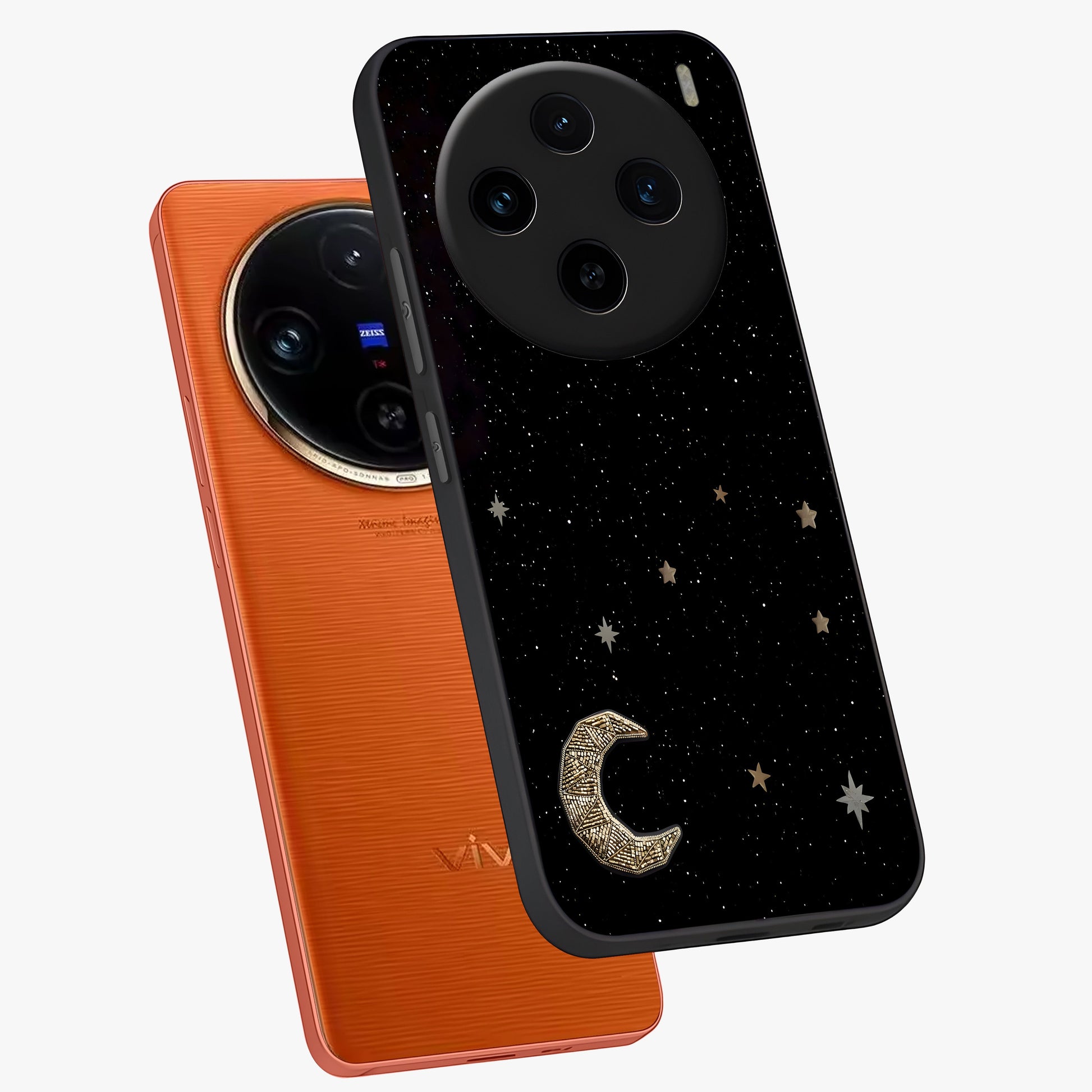 Twinkle Star With Half Moon Glass Case displayed in angled mockup highlighting celestial moon and star design with magical aesthetic.